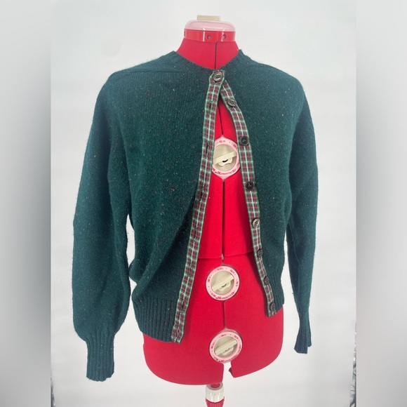 Vintage Orvis Wool Cardigan Forest Green With Contrasting Plaid Trim - Picture 3 of 9